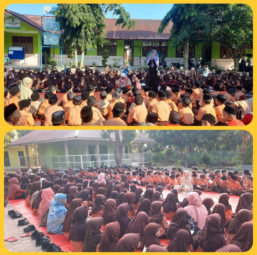 KEGIATAN PEMBIASAAN PAGI JUM`AT MEMBACA SURAH YASIIN BERSAMA DI HALAMAN MADRASAH
